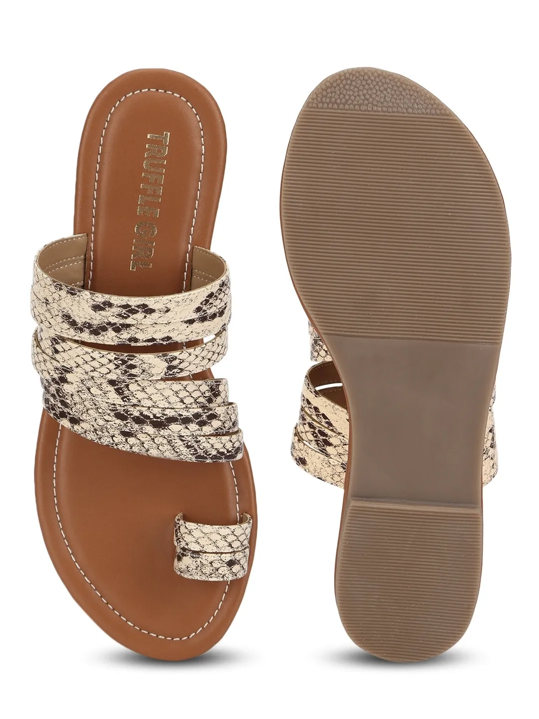 Beige Natürliche Schlange PU Flache Schlupf-Sandalen