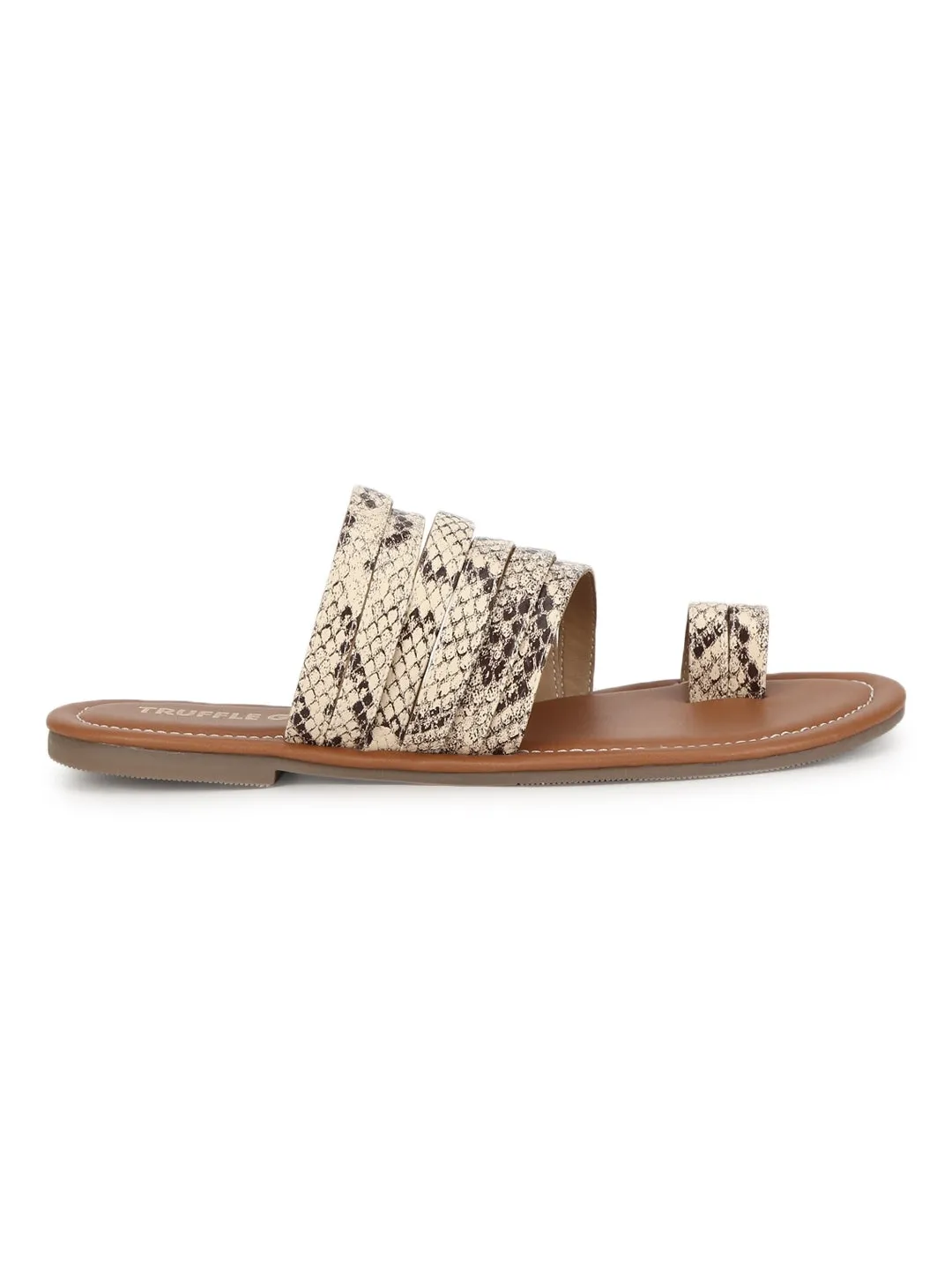 Beige Natürliche Schlange PU Flache Schlupf-Sandalen