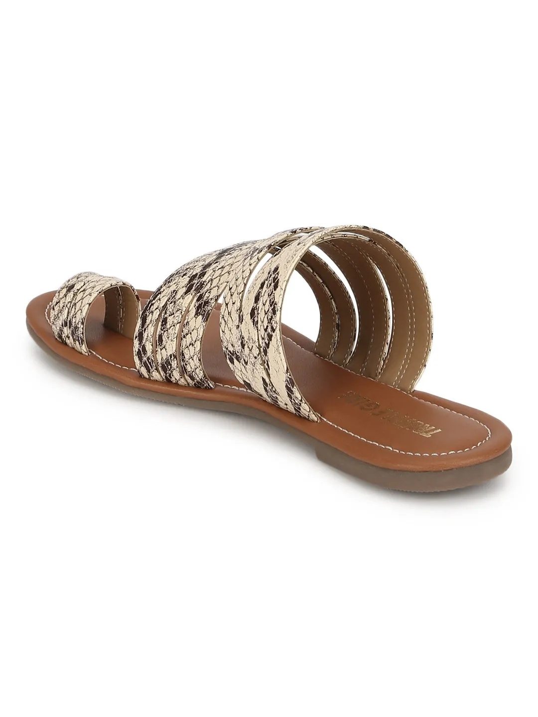 Beige Natürliche Schlange PU Flache Schlupf-Sandalen