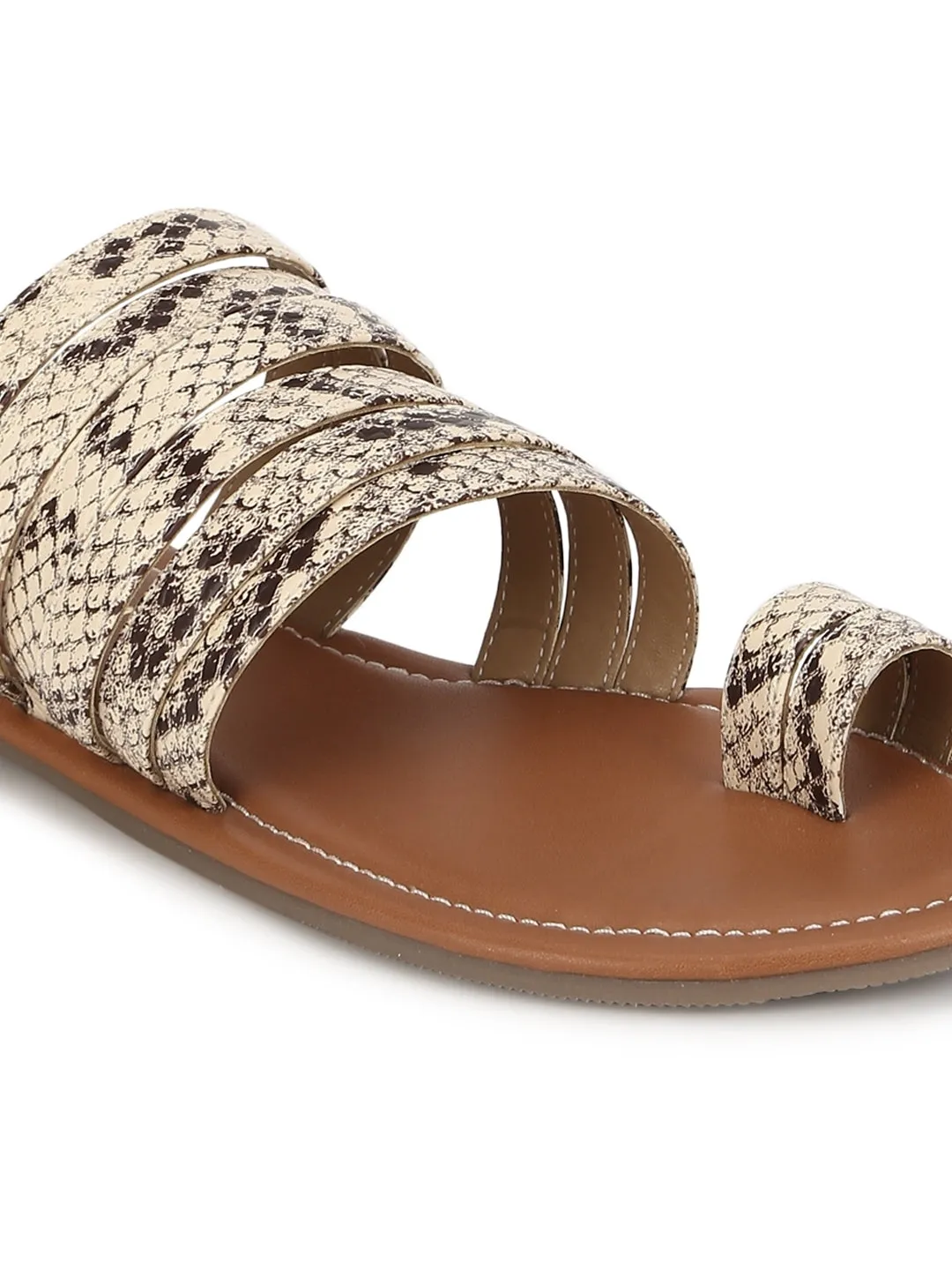 Beige Natürliche Schlange PU Flache Schlupf-Sandalen