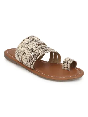 Beige Natürliche Schlange PU Flache Schlupf-Sandalen