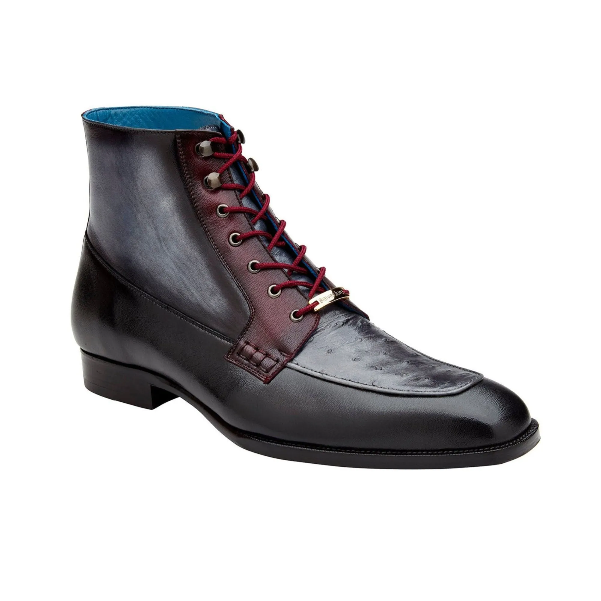 Belvedere Exotische Leder Schuhe Belvedere Greco in Schwarz / Grau / Burgunder Straußenleder und Leder Stiefel