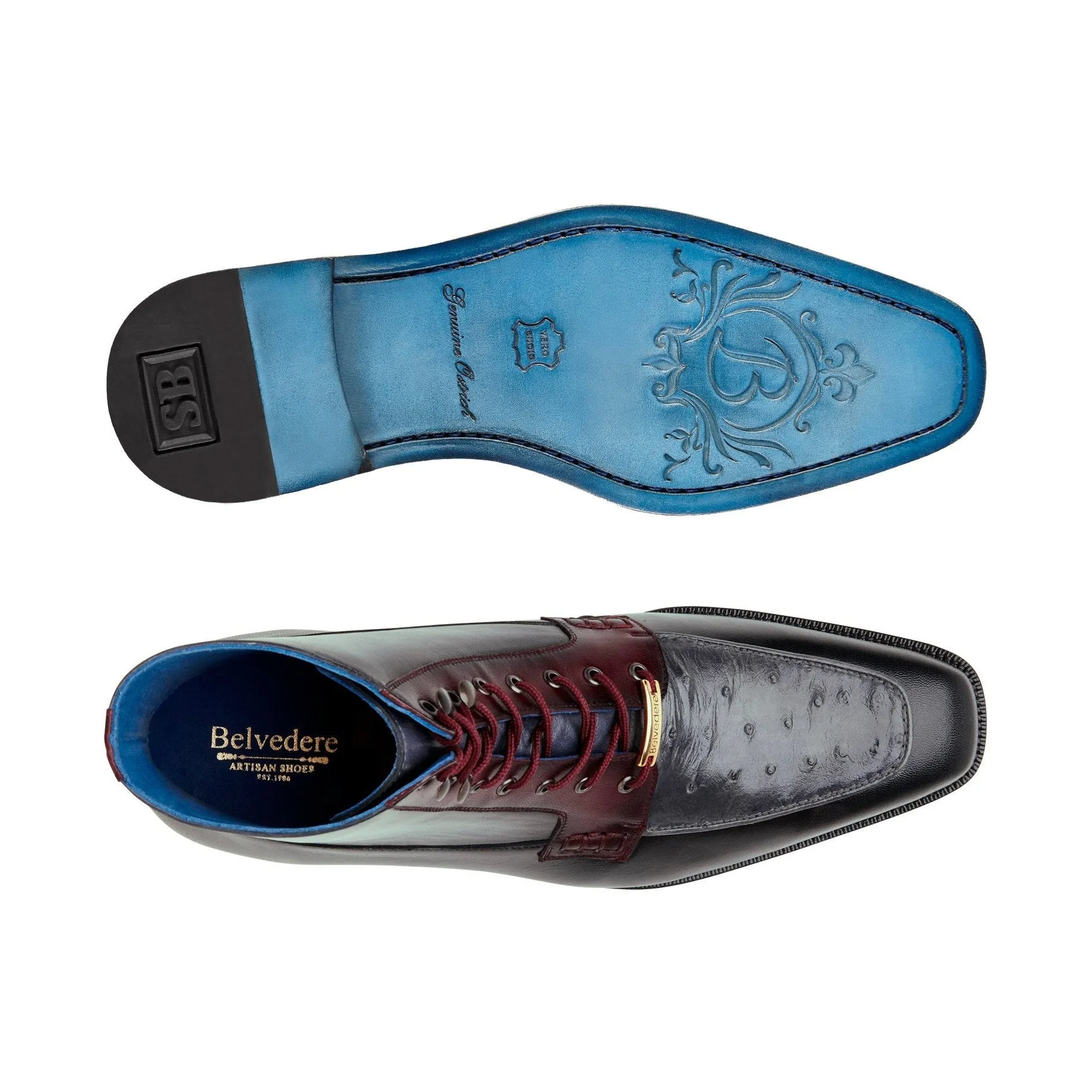 Belvedere Exotische Leder Schuhe Belvedere Greco in Schwarz / Grau / Burgunder Straußenleder und Leder Stiefel