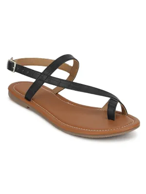 Flache Sandalen mit schwarzem Knöchelriemen aus Croco-PU