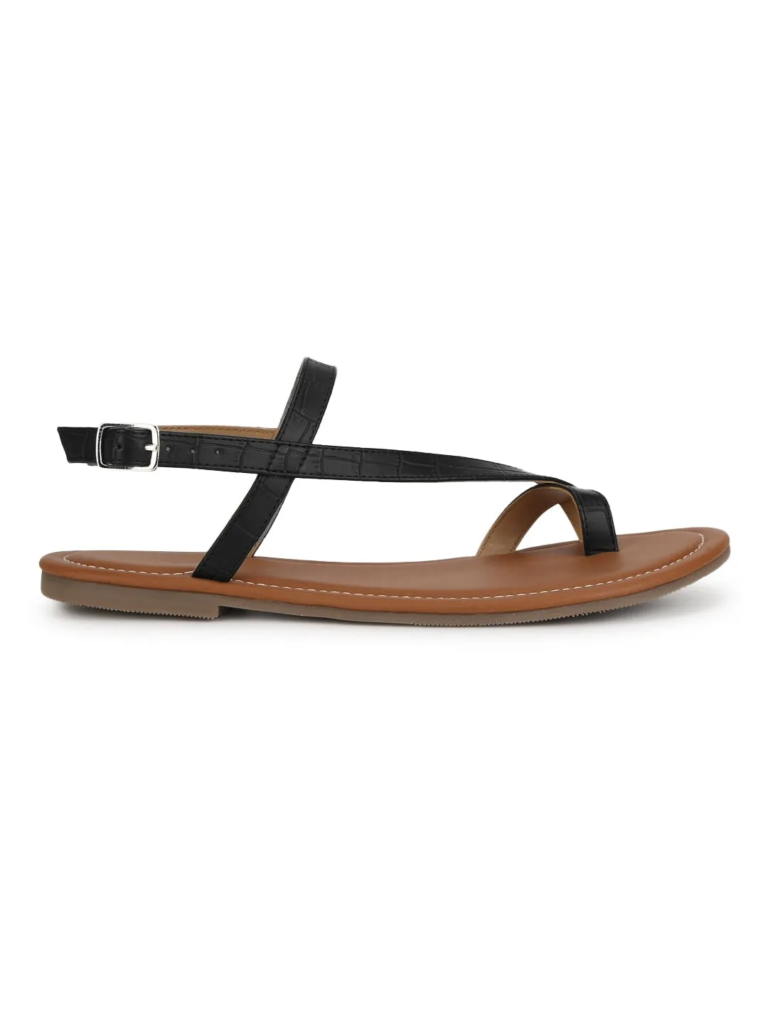 Flache Sandalen mit schwarzem Knöchelriemen aus Croco-PU