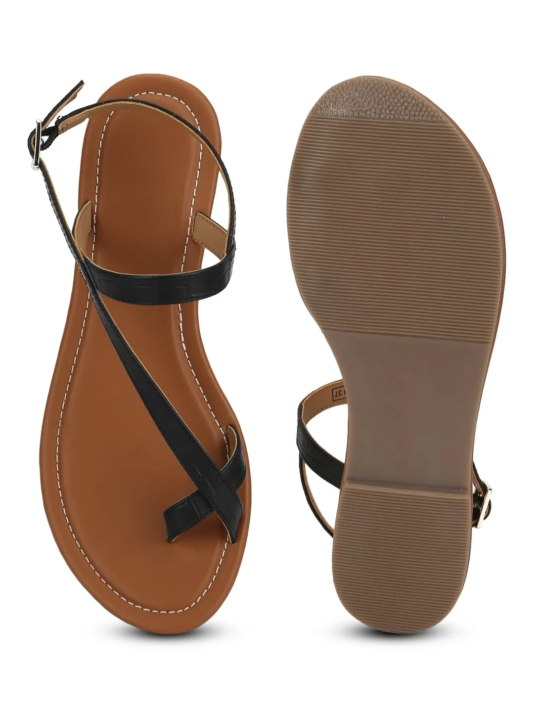 Flache Sandalen mit schwarzem Knöchelriemen aus Croco-PU