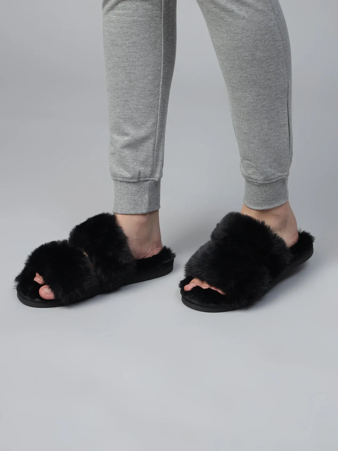 Schwarzer Pelz Winter Warme Bequeme Hausschuhe (TC-INDSLIP2-BLK)