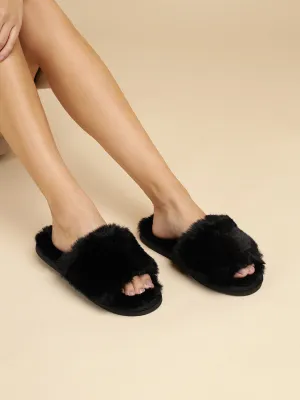 Schwarzer Pelz Winter Warme Bequeme Hausschuhe (TC-INDSLIP3-BLK)