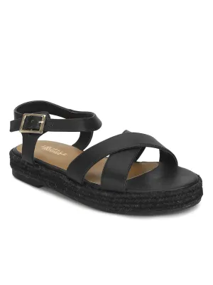 Schwarze PU-Crisscross-Träger-Jute-Espadrilles