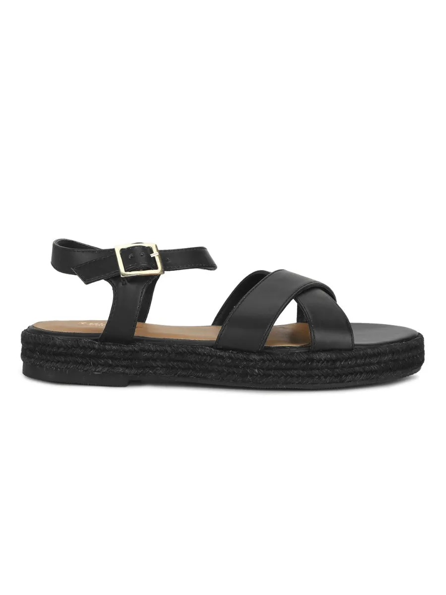 Schwarze PU-Crisscross-Träger-Jute-Espadrilles