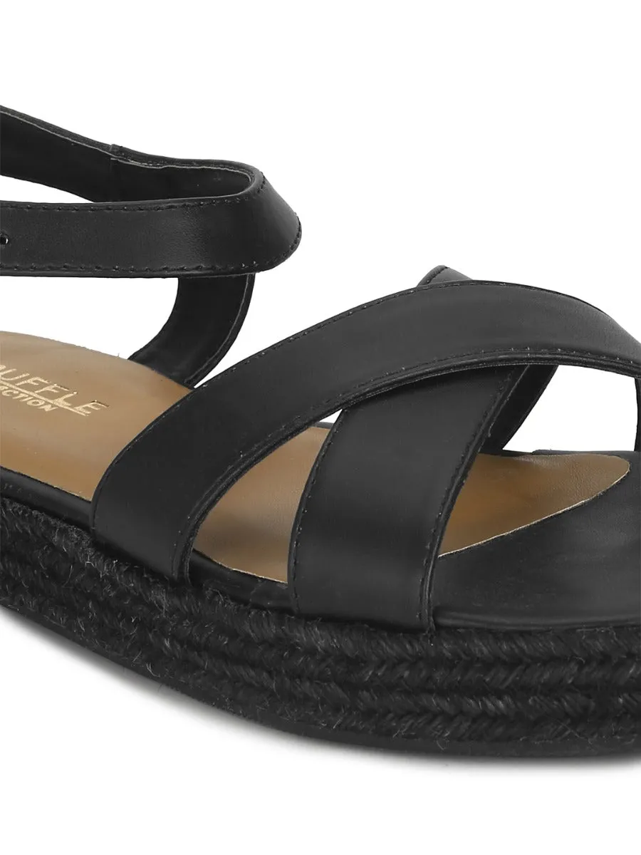 Schwarze PU-Crisscross-Träger-Jute-Espadrilles