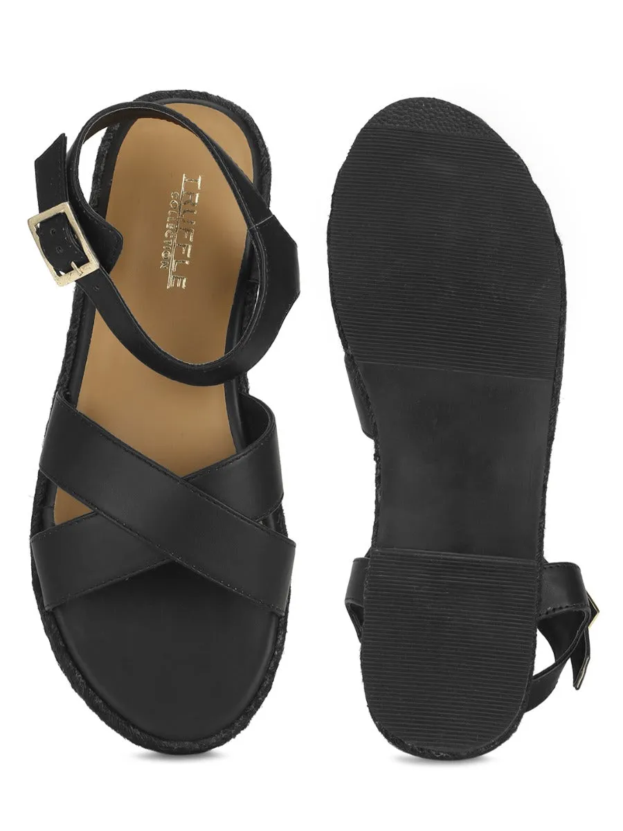 Schwarze PU-Crisscross-Träger-Jute-Espadrilles