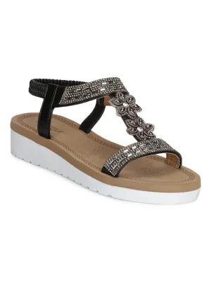 Schwarze PU-Diamant-Plattform-Slip-On-Sandalen