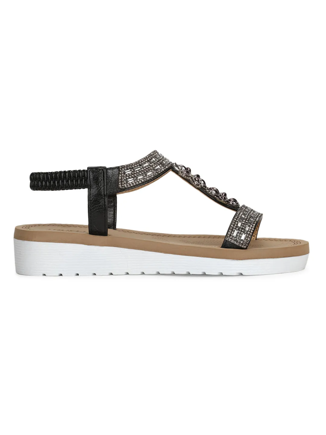 Schwarze PU-Diamant-Plattform-Slip-On-Sandalen