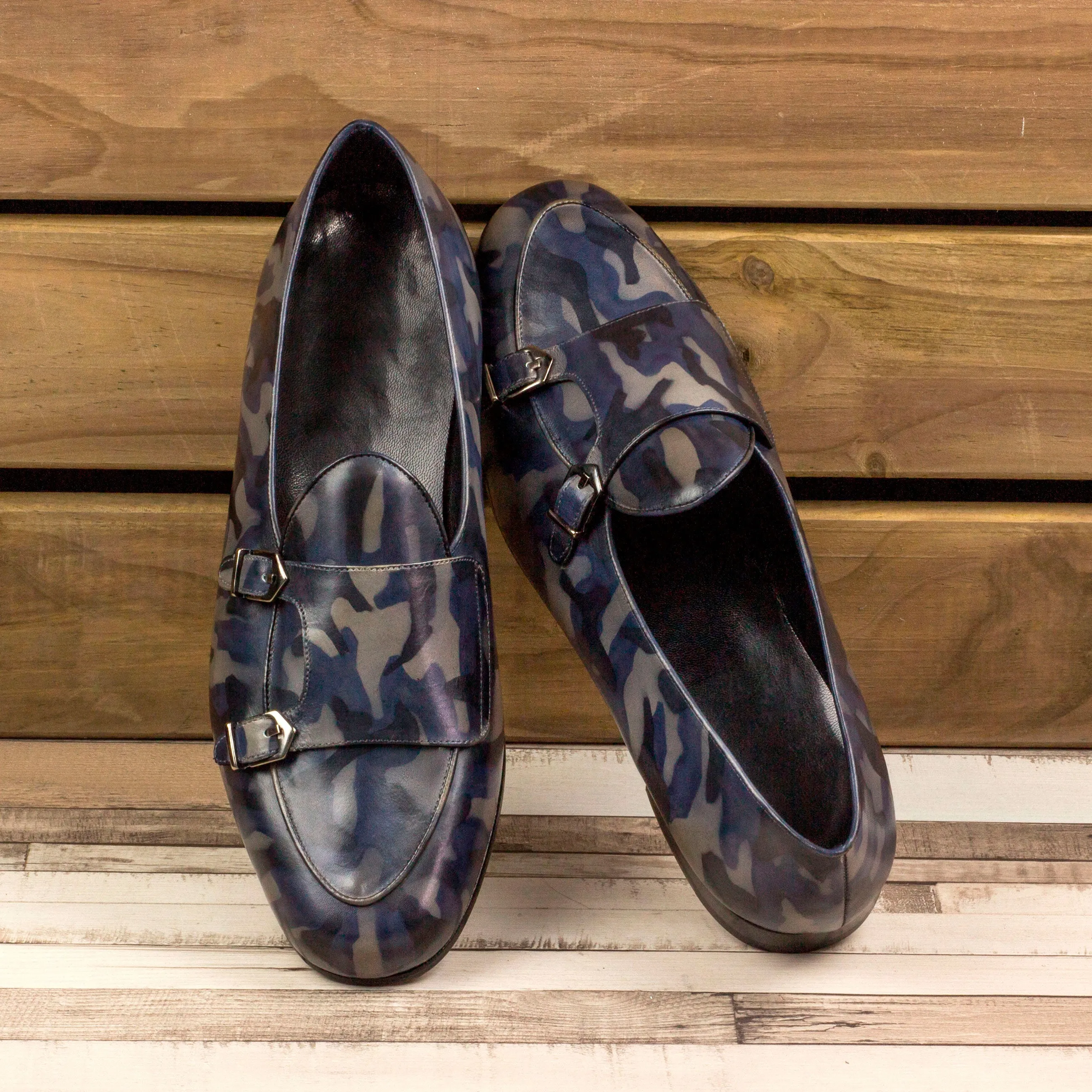 Dapperfam Schuhe DapperFam Rialto in Denim Herren-Handbemalte Patina Mönchsschlappen