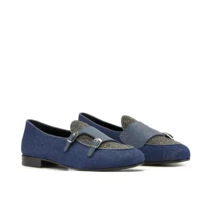 Dapperfam Schuhe DapperFam Rialto in Jeans / Fischgrät / Marine Herren Maßschuh & Italienisches Wildleder Mönchsschlappen