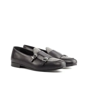 Dapperfam Schuhe DapperFam Rialto in Hellgrau / Schwarz Herren Flanell & Italienisches Leder Mönchsschlappen