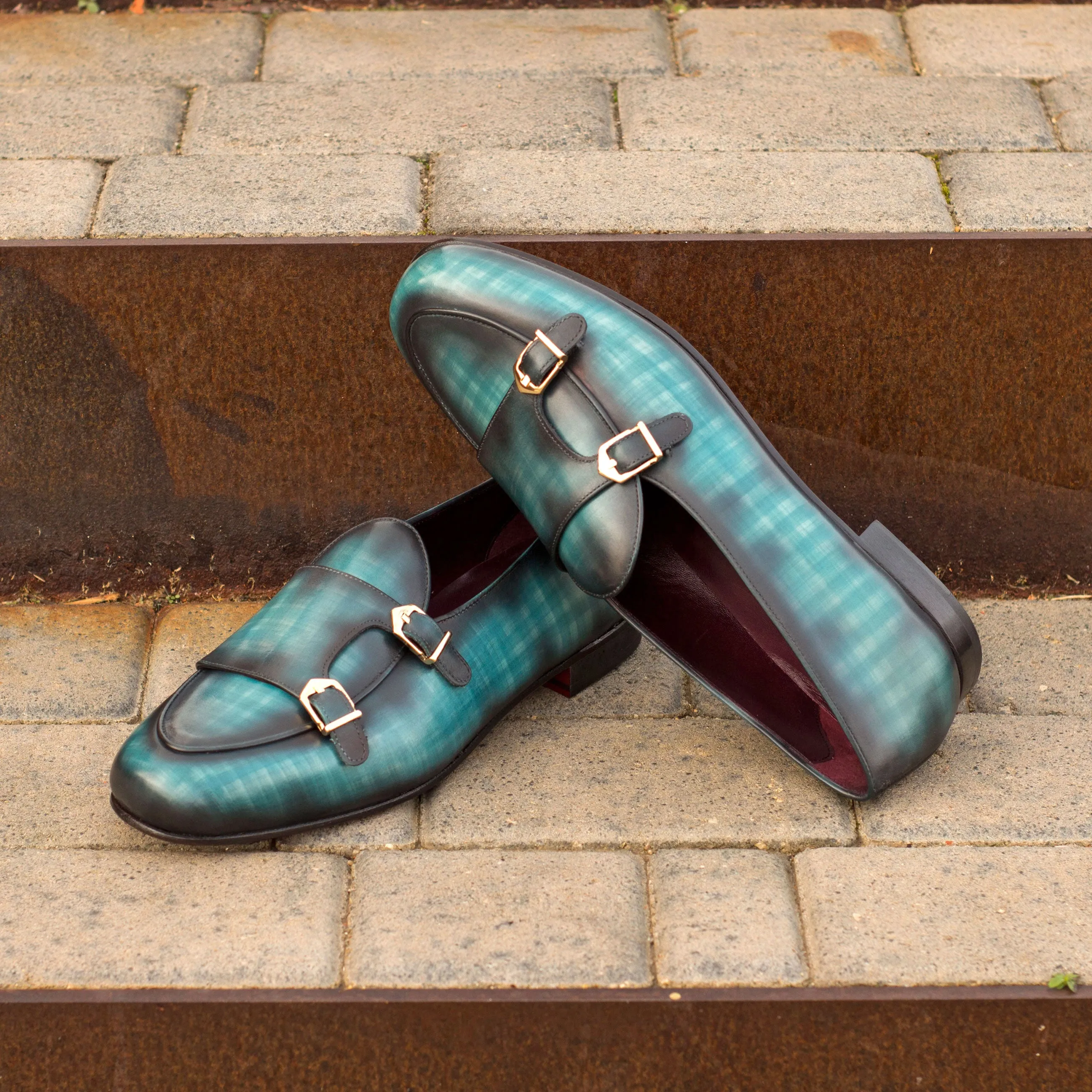 Dapperfam Schuhe DapperFam Rialto in Türkis Handbemalter Patina Mönchsschlappen für Herren