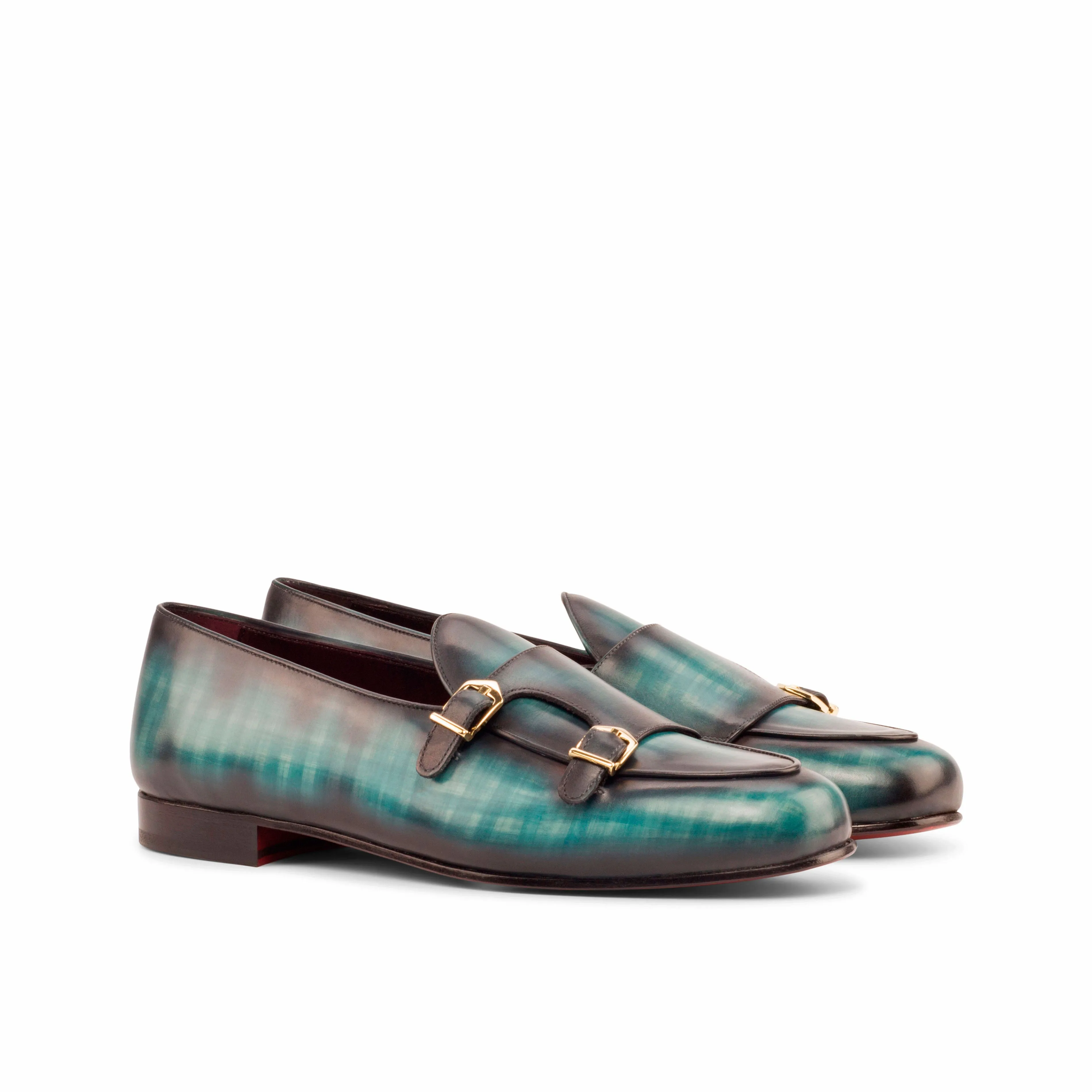 Dapperfam Schuhe DapperFam Rialto in Türkis Handbemalter Patina Mönchsschlappen für Herren
