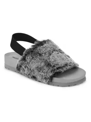 Graue Kunstpelz-Schlupfschuhe mit Riemchen