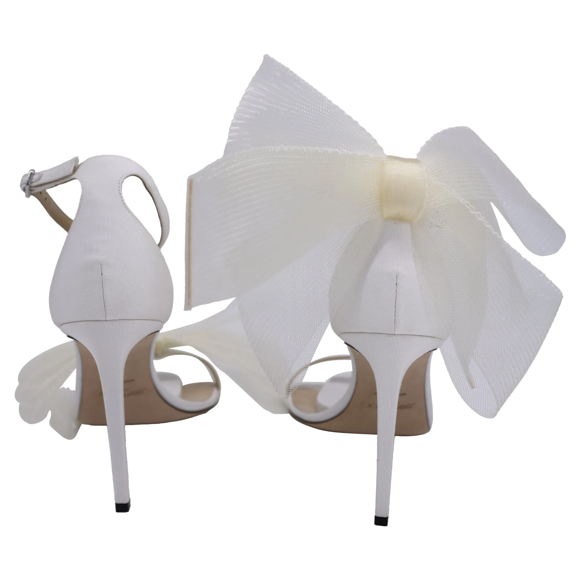 Jimmy Choo Aveline 100 Schleifen-Absatz-Sandalen in Weißem Satin