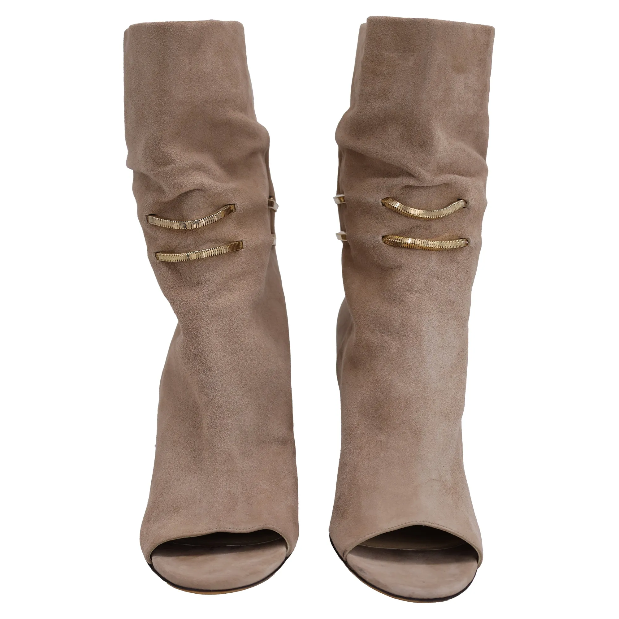 Jimmy Choo Mysen 100 Booties mit offener Spitze und Kettendetail in braunem Wildleder_Jimmy-Choo