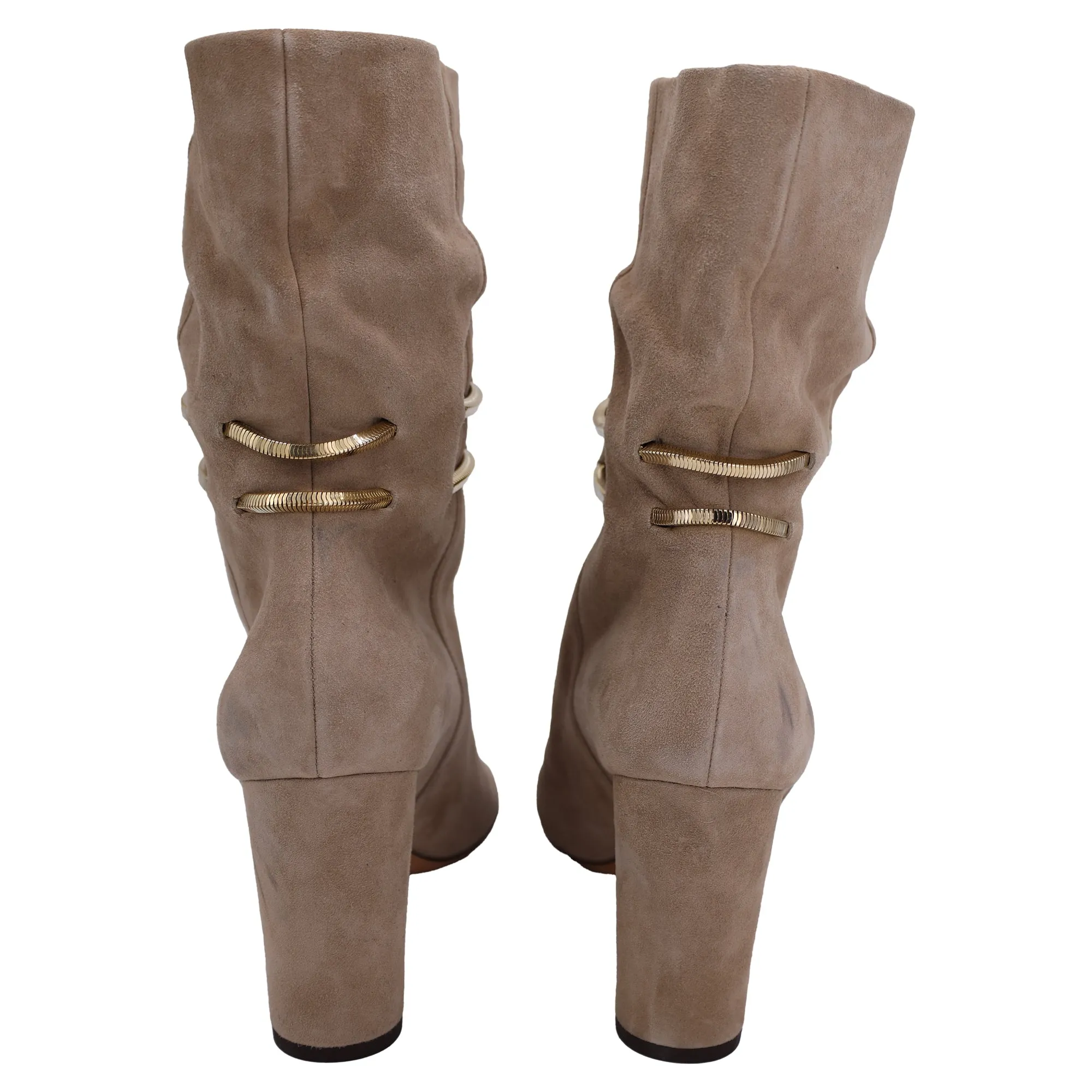 Jimmy Choo Mysen 100 Booties mit offener Spitze und Kettendetail in braunem Wildleder_Jimmy-Choo