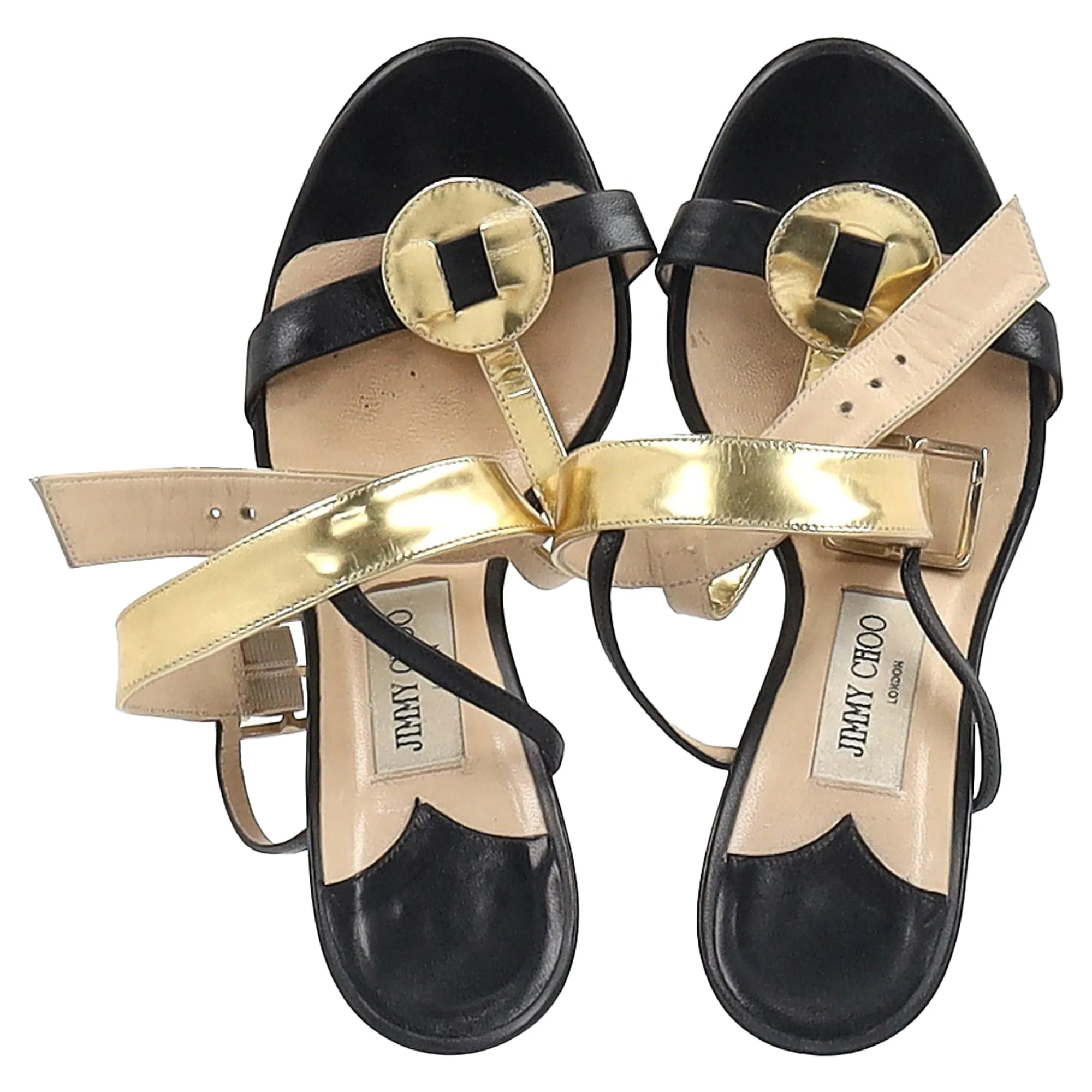 Jimmy Choo T-Band-Absatz-Sandalen in Schwarz und Gold Leder Schuhe_Jimmy-Choo