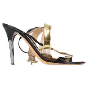 Jimmy Choo T-Band-Absatz-Sandalen in Schwarz und Gold Leder Schuhe_Jimmy-Choo