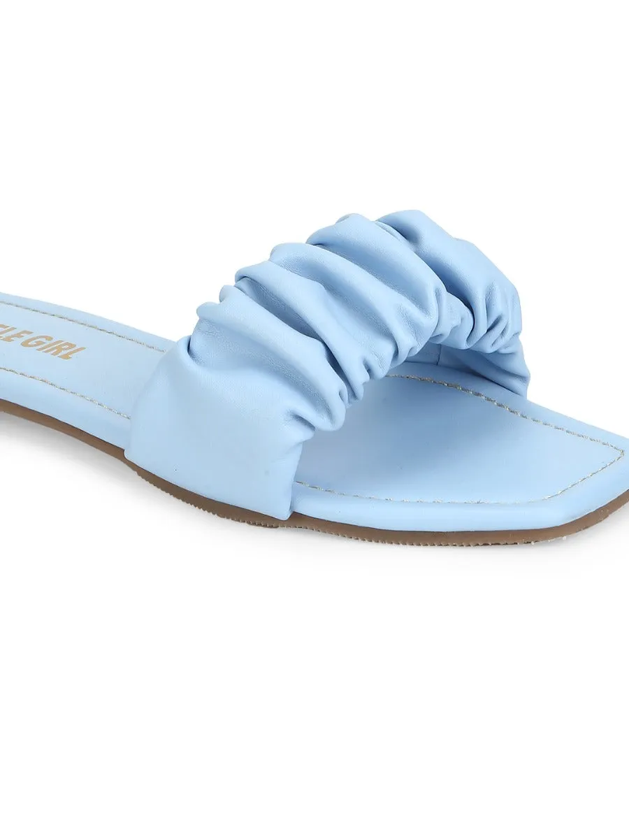 Hellblaue PU-Riemchen-Slipper mit Knitteroptik