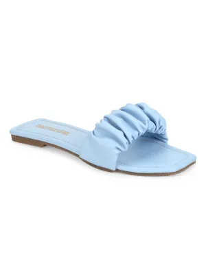 Hellblaue PU-Riemchen-Slipper mit Knitteroptik
