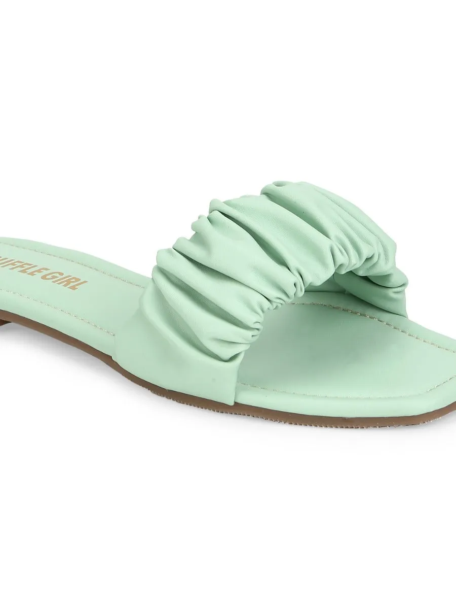 Mintgrüne PU-Riemchen-Slipper mit Knitteroptik