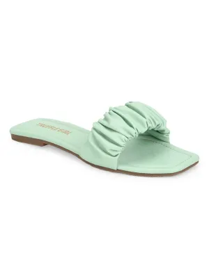 Mintgrüne PU-Riemchen-Slipper mit Knitteroptik