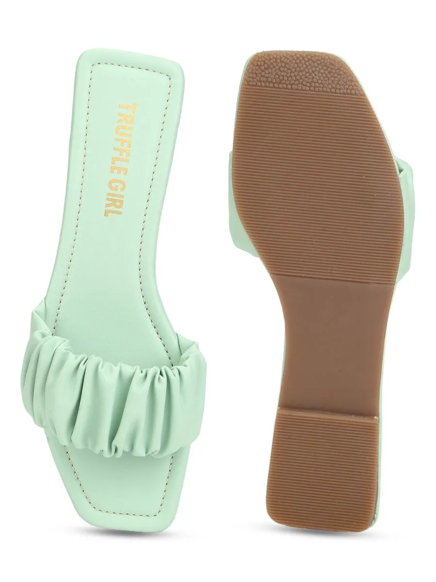 Mintgrüne PU-Riemchen-Slipper mit Knitteroptik