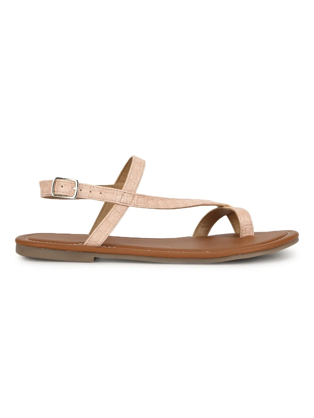 Nackte Flache Sandalen mit Knöchelriemen aus Croco-PU