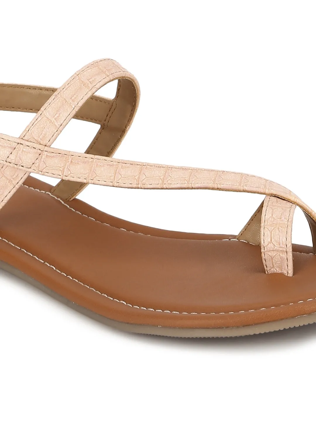 Nackte Flache Sandalen mit Knöchelriemen aus Croco-PU