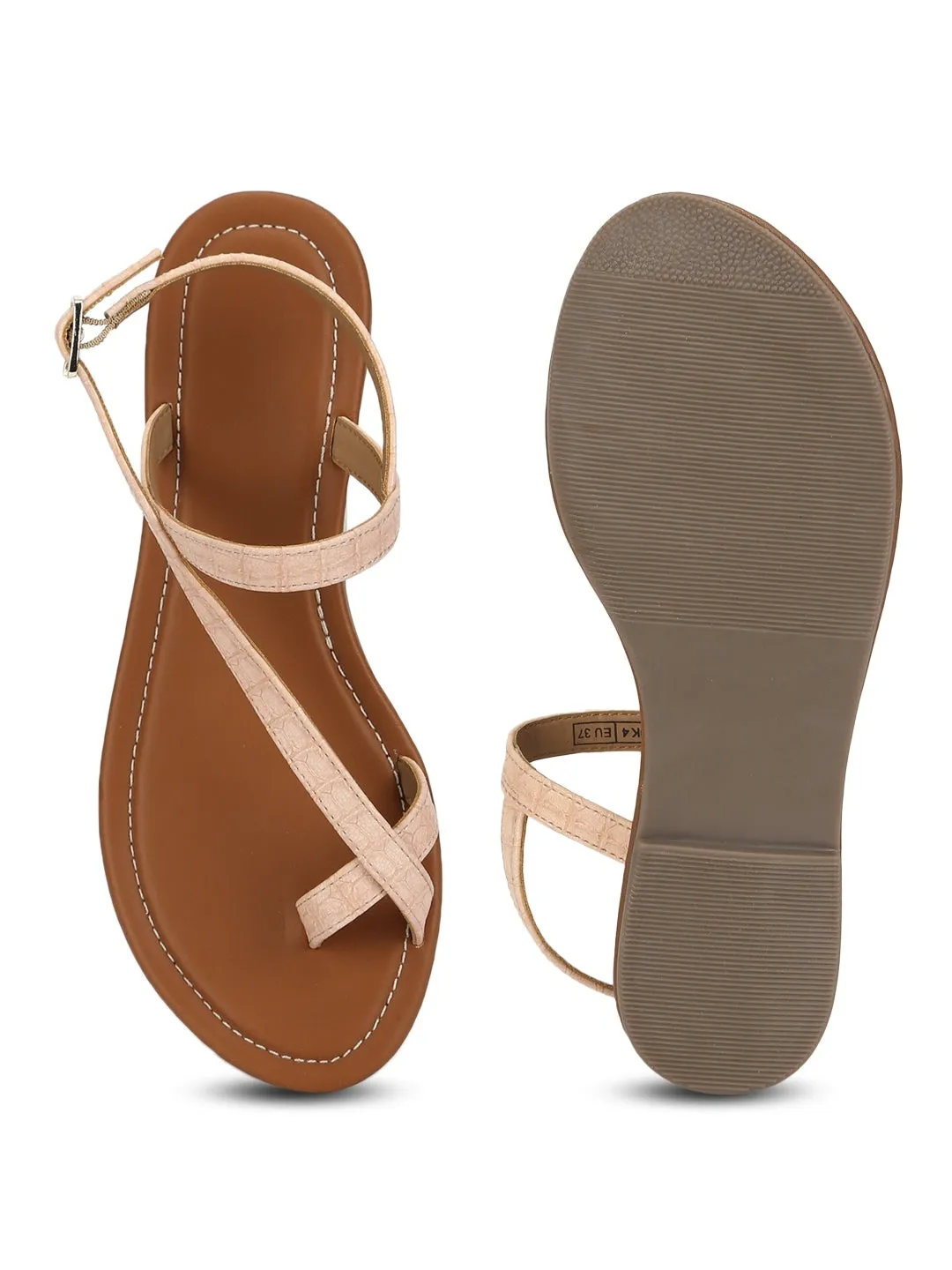 Nackte Flache Sandalen mit Knöchelriemen aus Croco-PU