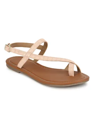 Nackte Flache Sandalen mit Knöchelriemen aus Croco-PU
