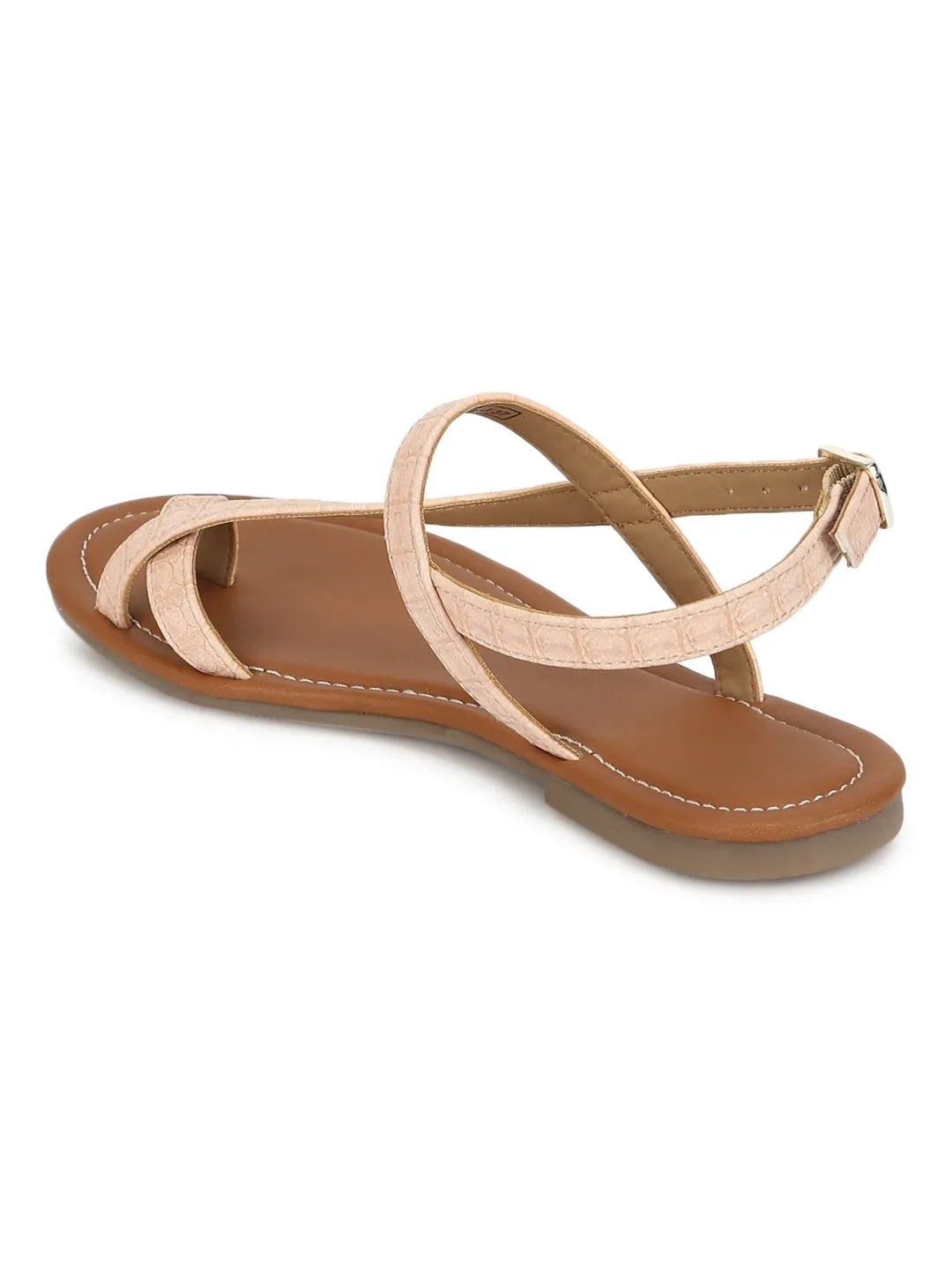 Nackte Flache Sandalen mit Knöchelriemen aus Croco-PU