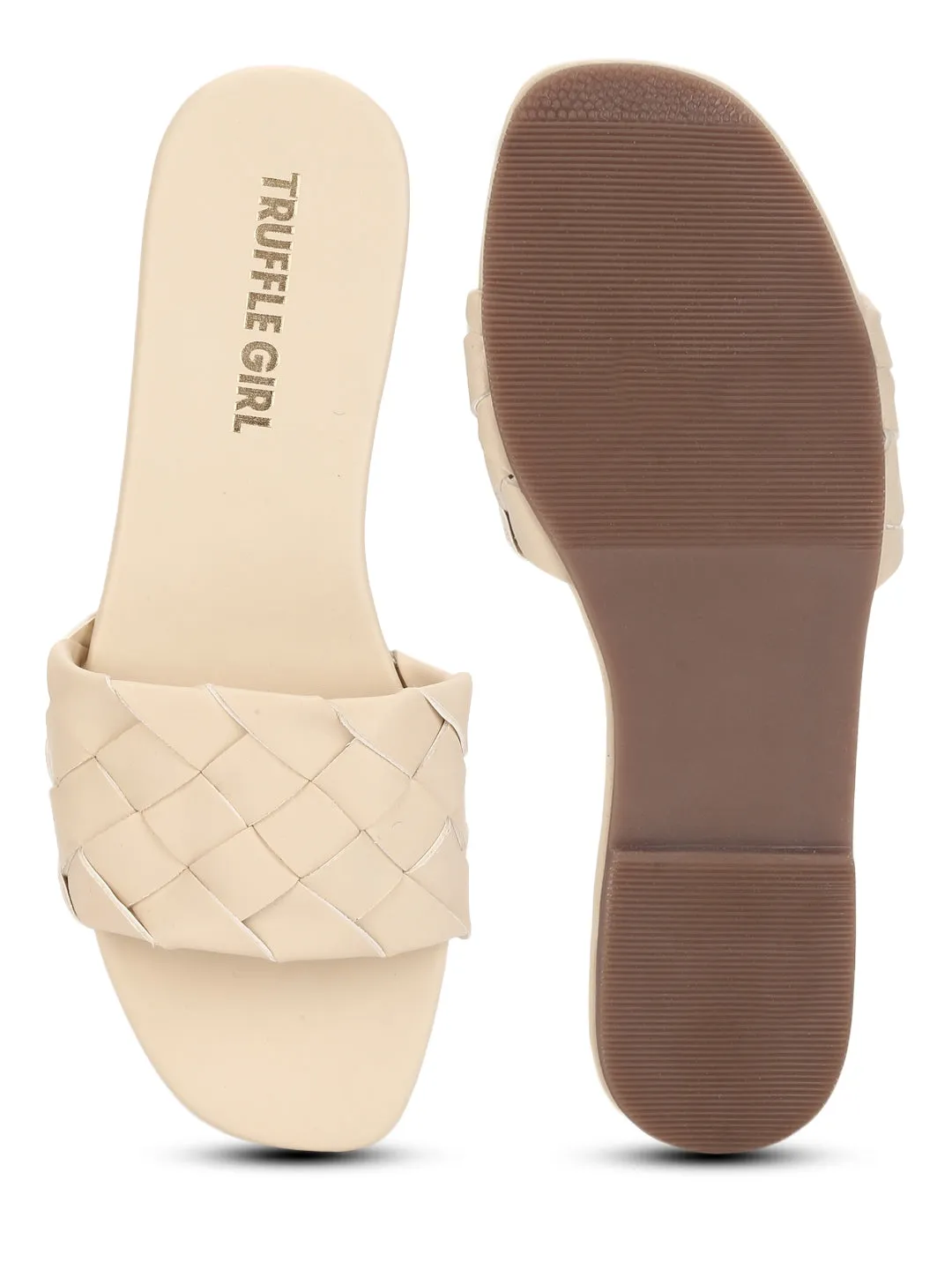 Nackte PU-Gewebte Schlupf-Sandalen