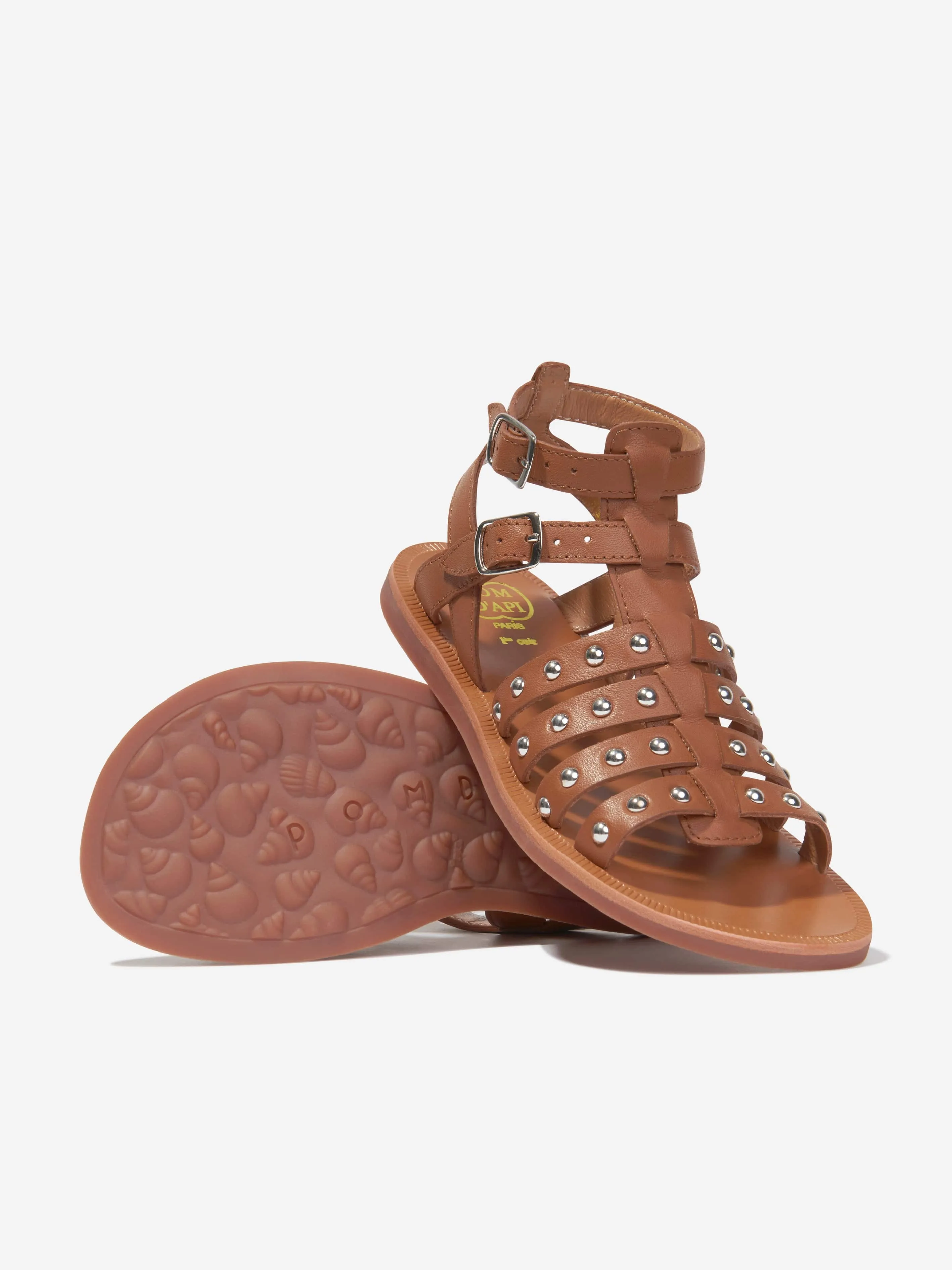 Pom D'Api Mädchen Leder Plagette Nieten Sandalen in Kamel