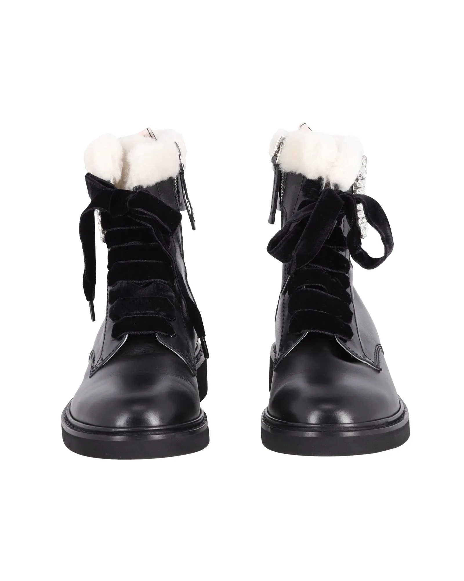 Roger Vivier Ranger Stiefeletten mit Schaffutter und Kristallverzierungen in schwarzem Leder
