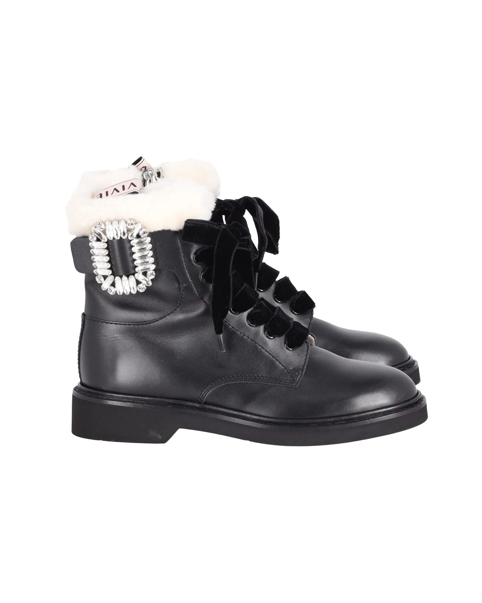 Roger Vivier Ranger Stiefeletten mit Schaffutter und Kristallverzierungen in schwarzem Leder