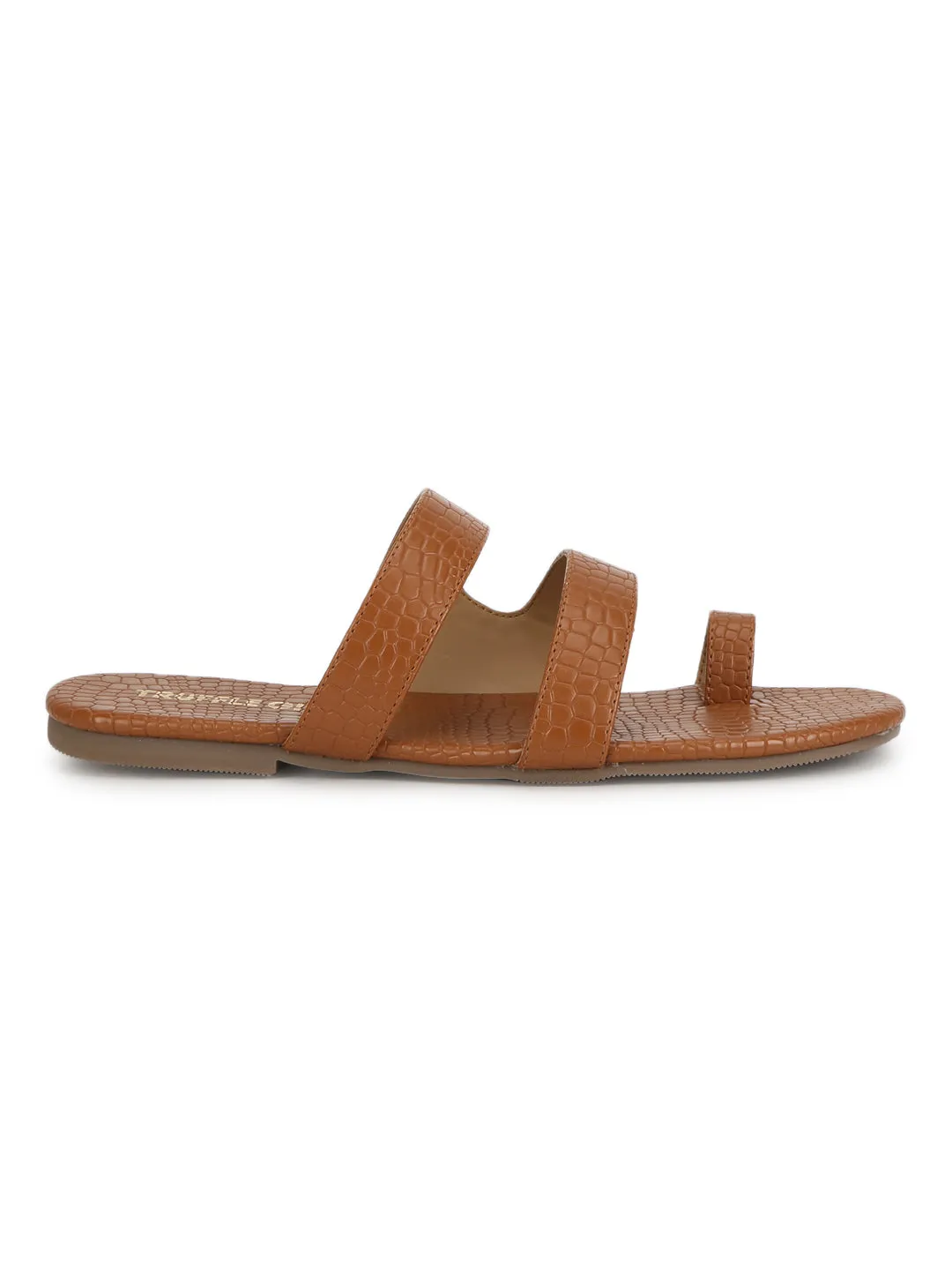 Tan Croc PU Flache Schlupf-Sandalen (TC-RLST16-TAN)