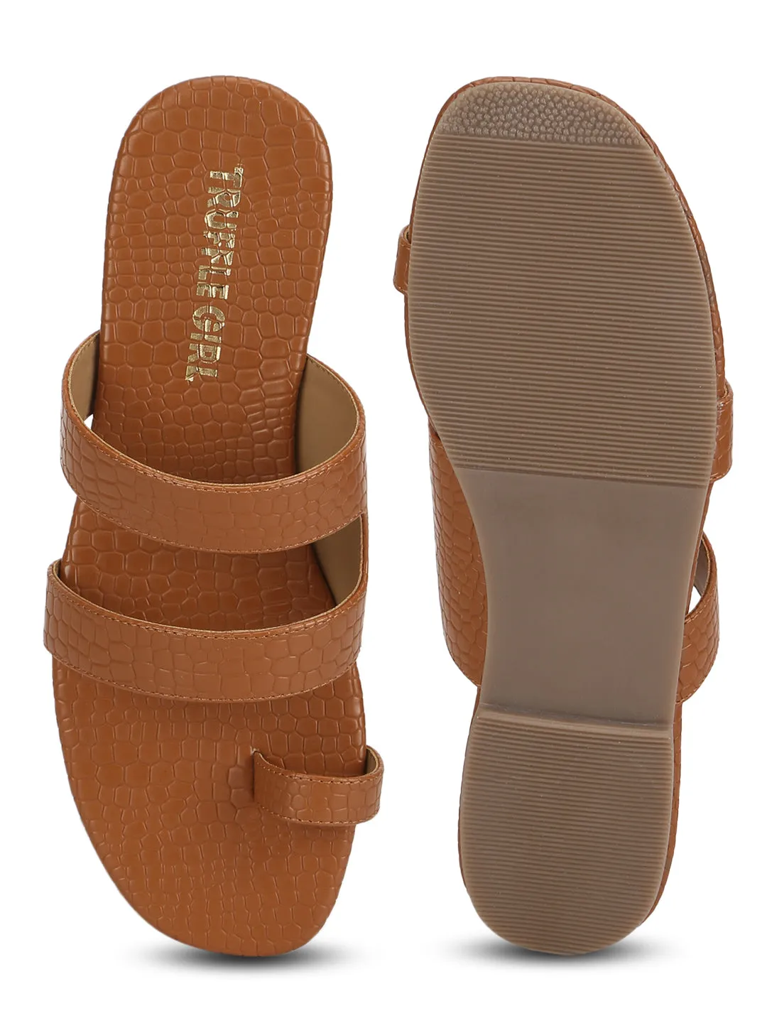 Tan Croc PU Flache Schlupf-Sandalen (TC-RLST16-TAN)