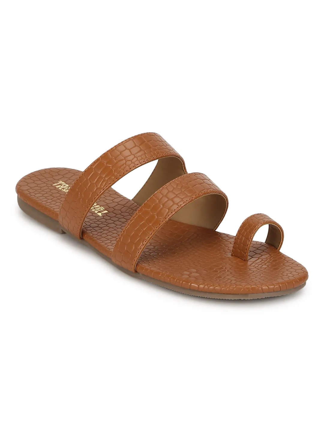 Tan Croc PU Flache Schlupf-Sandalen (TC-RLST16-TAN)