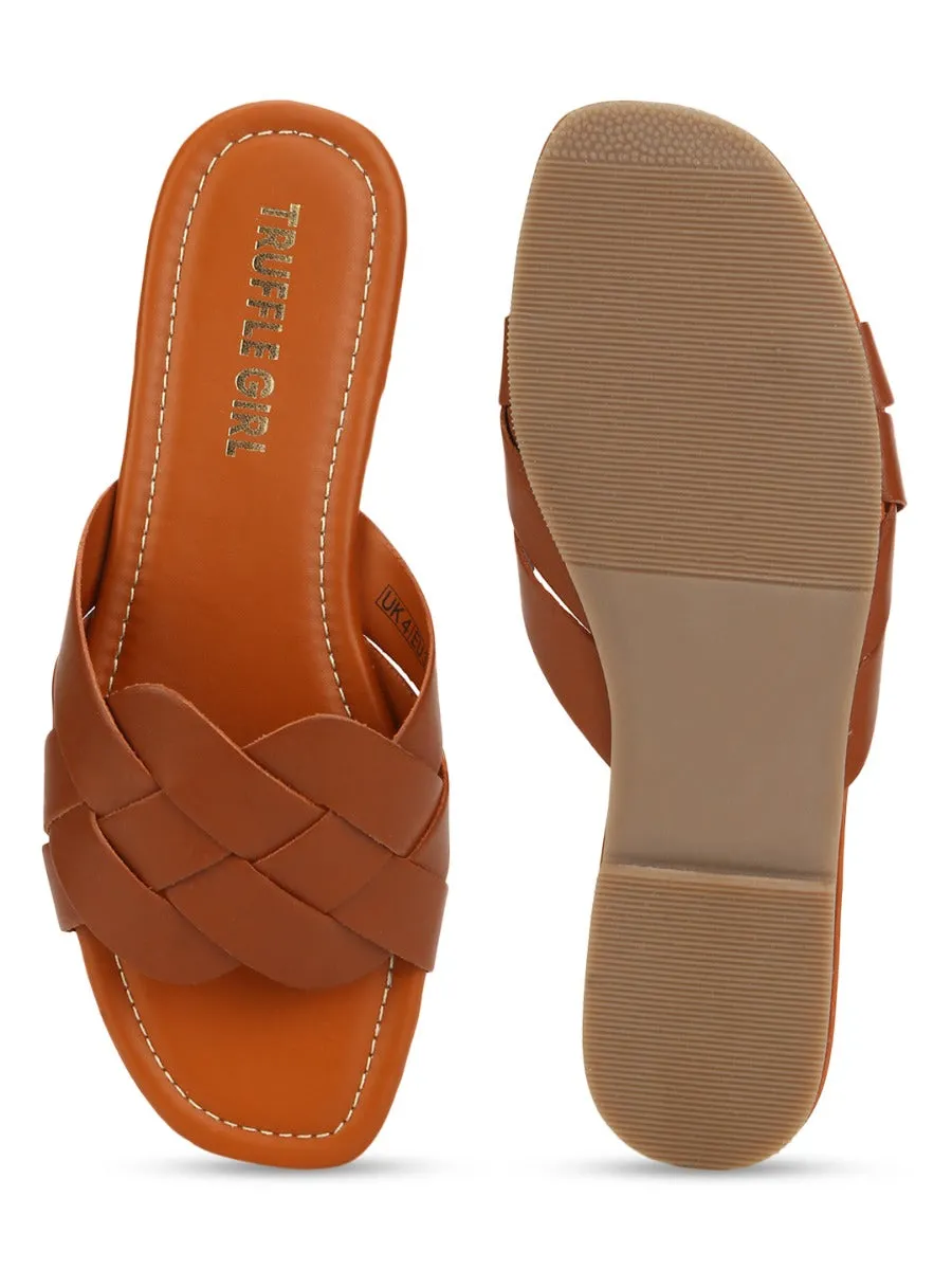 Tan PU Gewebte Riemchen Slip-Ons