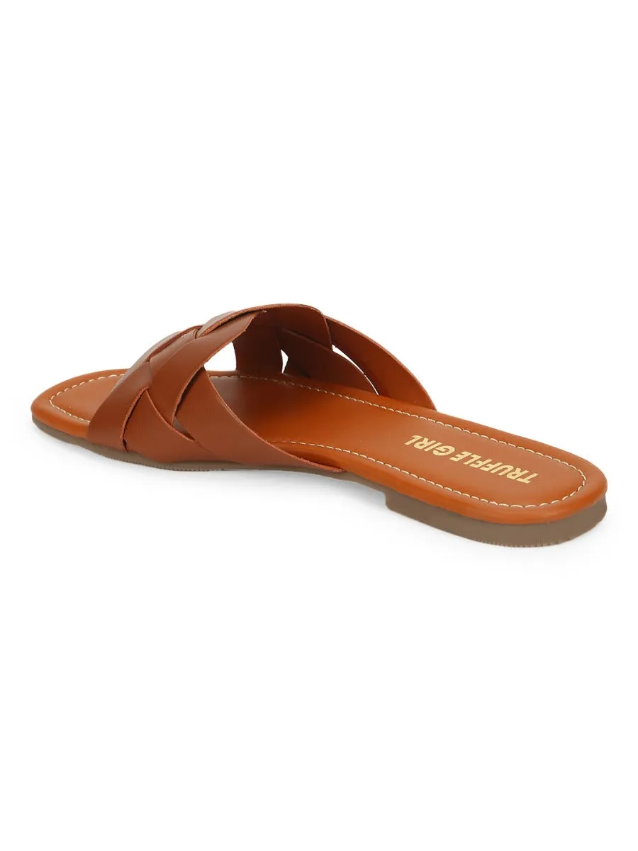 Tan PU Gewebte Riemchen Slip-Ons