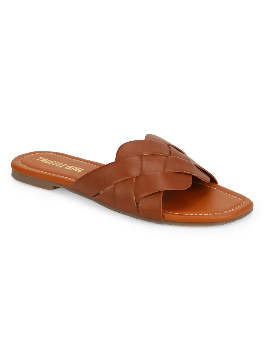 Tan PU Gewebte Riemchen Slip-Ons
