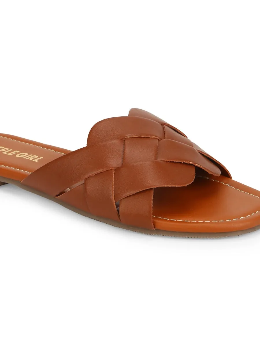 Tan PU Gewebte Riemchen Slip-Ons